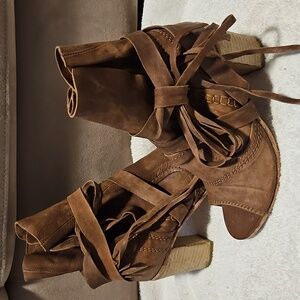 Free People Brown Open-Toe Lace-Up Daydreams Heeled Booties Sz 38/ 7 New